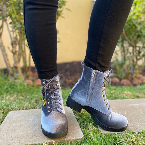 Grey Velvet Patch Lace Up Combat Boots - Picture 3 of 4